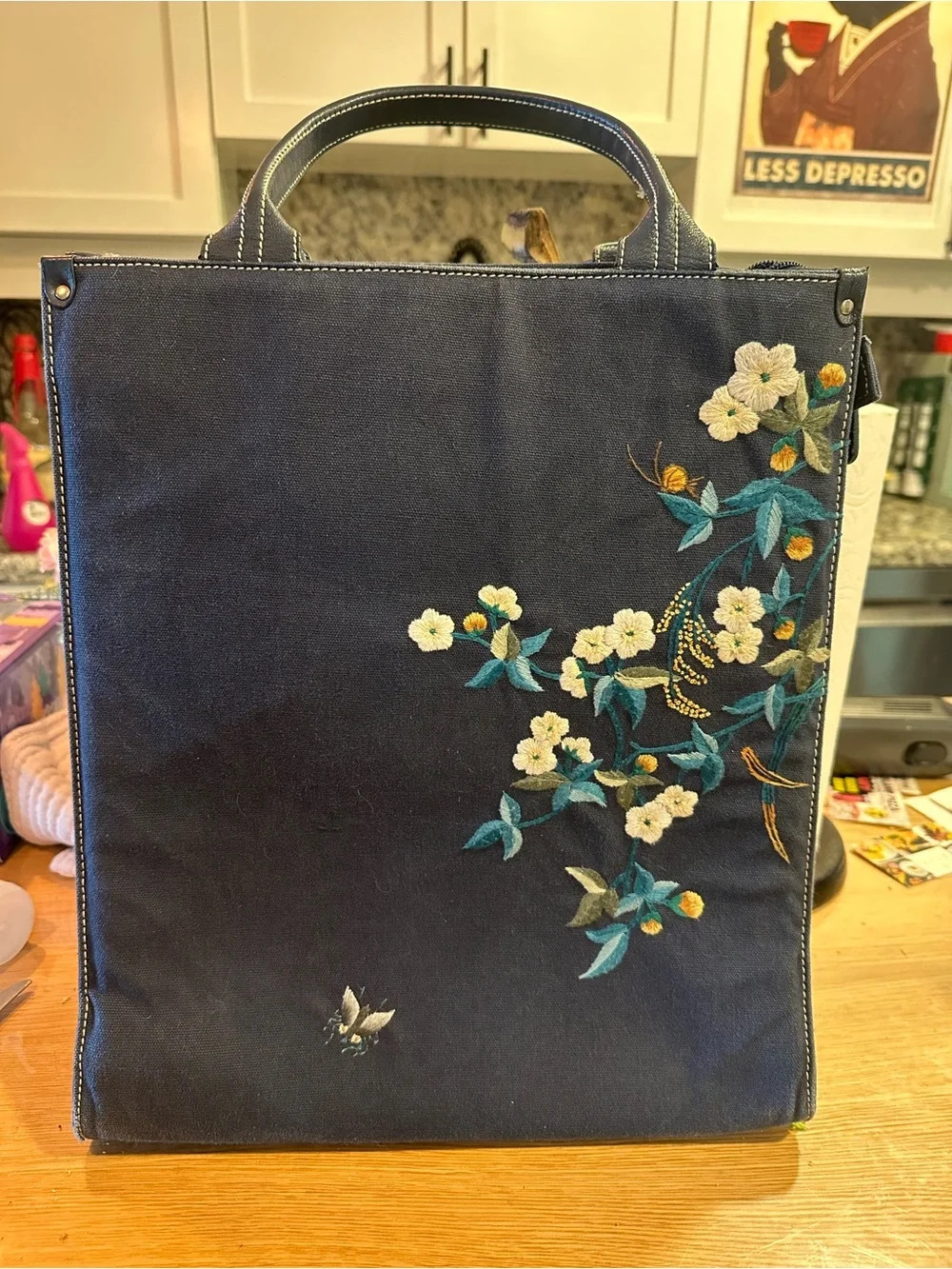 Embroidered Navy Floral Tote Bag
